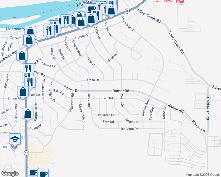 map of restaurants, bars, coffee shops, grocery stores, and more near 1715 Ramar Rd in Bullhead City