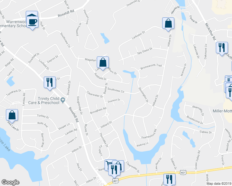 map of restaurants, bars, coffee shops, grocery stores, and more near 737 Southview Circle in Fayetteville