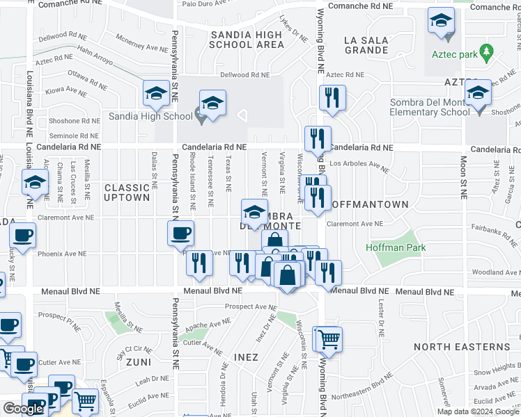 map of restaurants, bars, coffee shops, grocery stores, and more near 2705 Vermont Street Northeast in Albuquerque