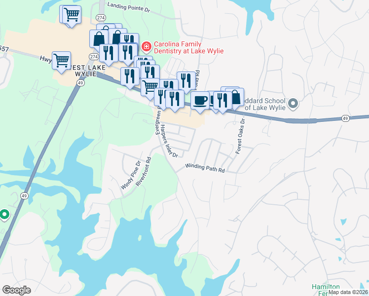map of restaurants, bars, coffee shops, grocery stores, and more near 738 Waterfall Way in Clover