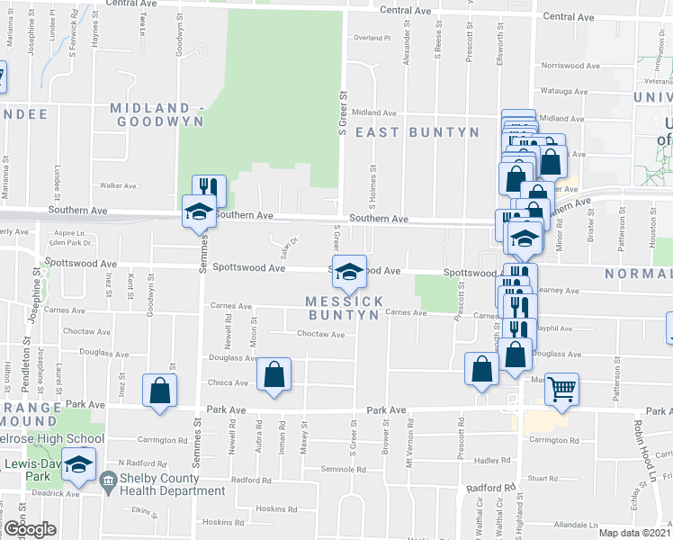 map of restaurants, bars, coffee shops, grocery stores, and more near South Greer Street in Memphis