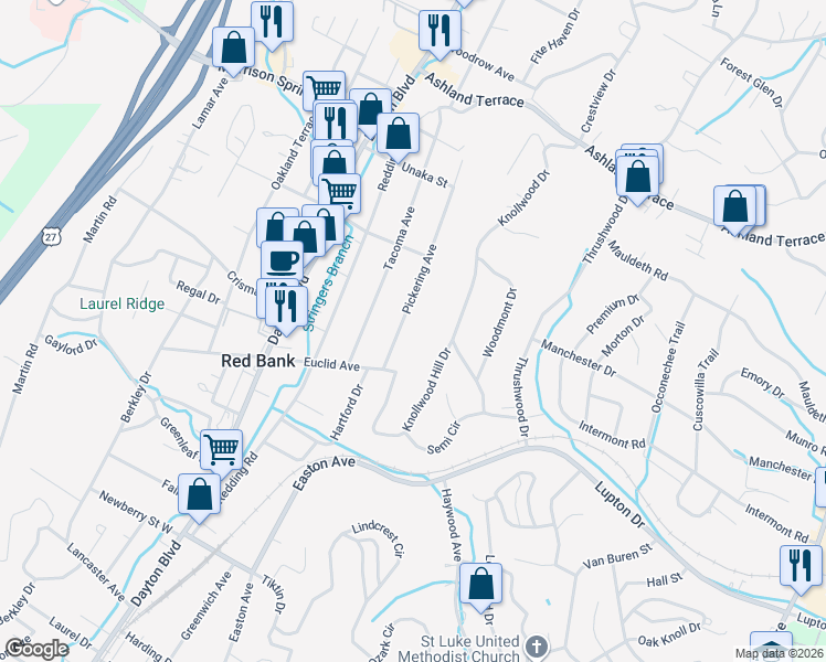 map of restaurants, bars, coffee shops, grocery stores, and more near 3609 Pickering Avenue in Chattanooga