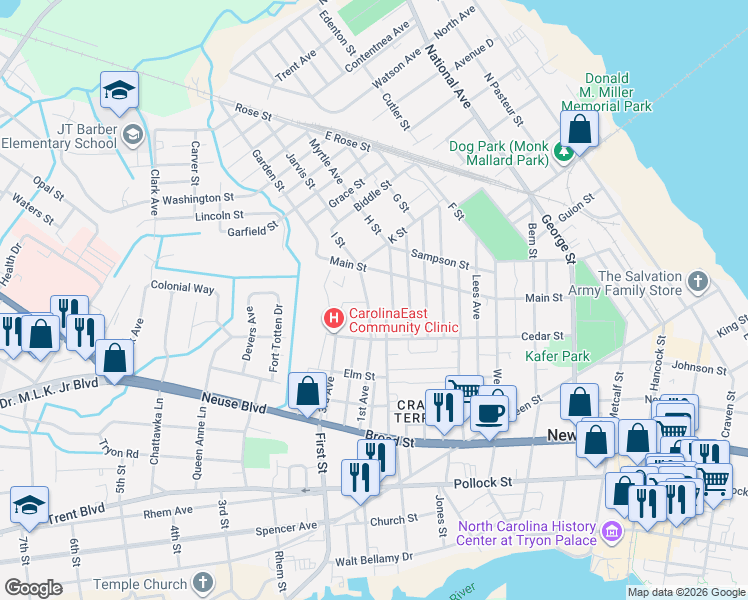 map of restaurants, bars, coffee shops, grocery stores, and more near 901-999 Chapman Street in New Bern
