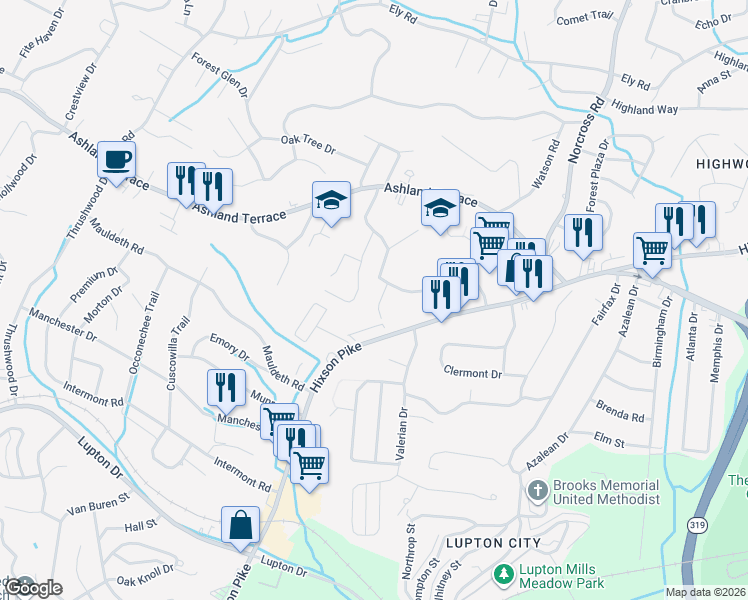map of restaurants, bars, coffee shops, grocery stores, and more near 3808 Jarren Court in Chattanooga