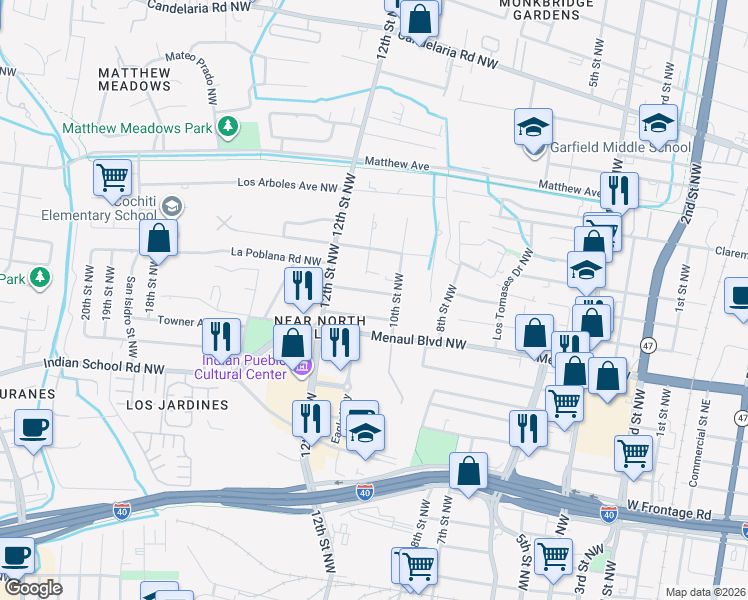 map of restaurants, bars, coffee shops, grocery stores, and more near 1030 La Poblana Road Northwest in Albuquerque