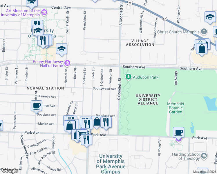 map of restaurants, bars, coffee shops, grocery stores, and more near 655 Watson Street in Memphis