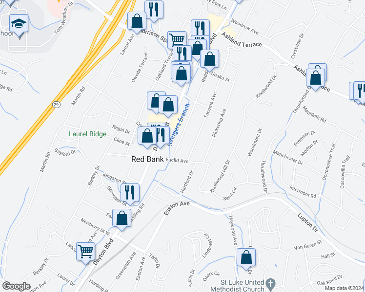 map of restaurants, bars, coffee shops, grocery stores, and more near 3512 Redding Road in Chattanooga