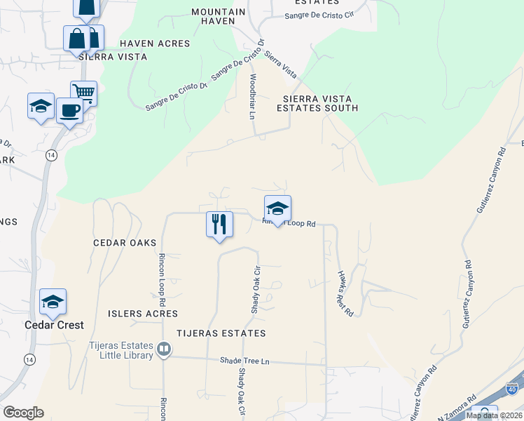 map of restaurants, bars, coffee shops, grocery stores, and more near 121 Rincon Loop Road in Cedar Crest