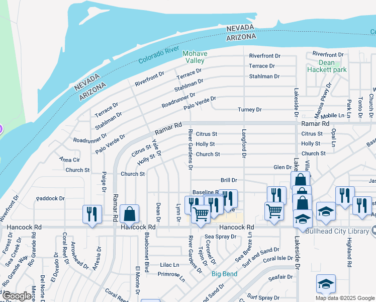 map of restaurants, bars, coffee shops, grocery stores, and more near 749 Church Street in Bullhead City