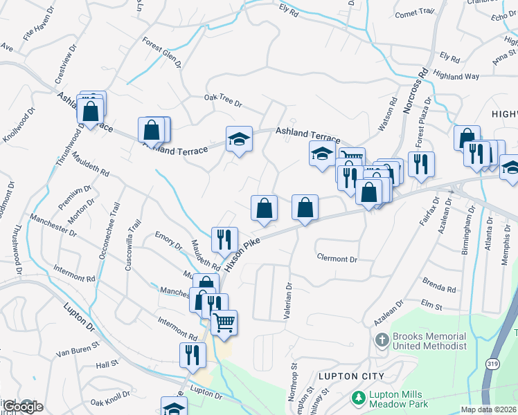 map of restaurants, bars, coffee shops, grocery stores, and more near 3808 Jarren Court in Chattanooga
