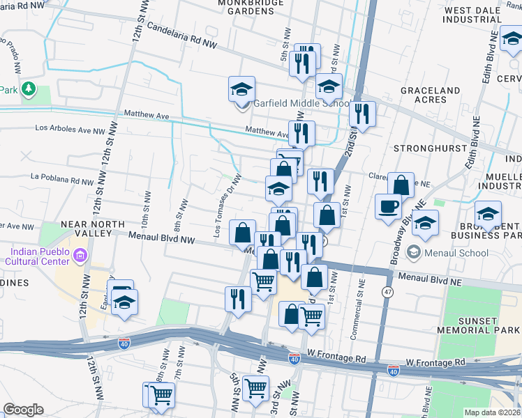map of restaurants, bars, coffee shops, grocery stores, and more near 410 Phoenix Avenue Northwest in Albuquerque