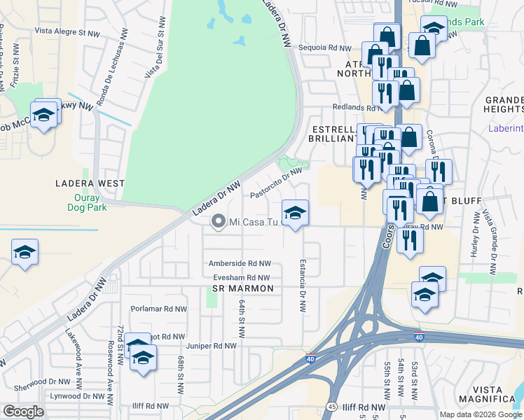 map of restaurants, bars, coffee shops, grocery stores, and more near 6305 Roca Fiel Northwest in Albuquerque
