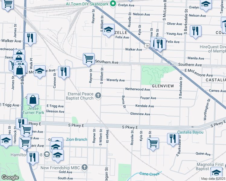 map of restaurants, bars, coffee shops, grocery stores, and more near 1605 Netherwood Avenue in Memphis