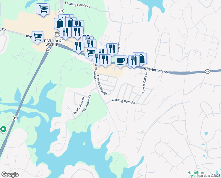 map of restaurants, bars, coffee shops, grocery stores, and more near 738 Waterfall Way in Clover