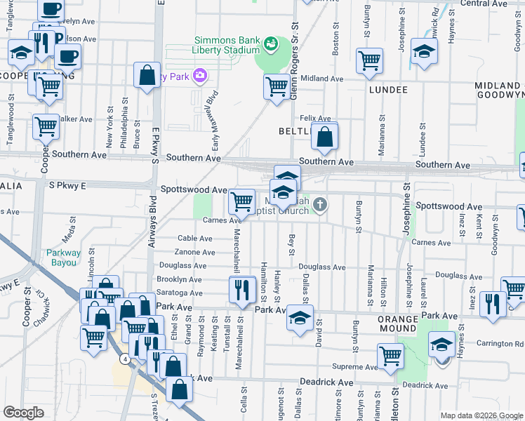map of restaurants, bars, coffee shops, grocery stores, and more near 685 Hanley Street in Memphis