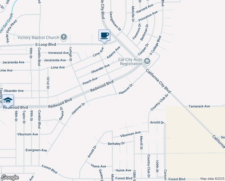 map of restaurants, bars, coffee shops, grocery stores, and more near Redwood Boulevard in California City