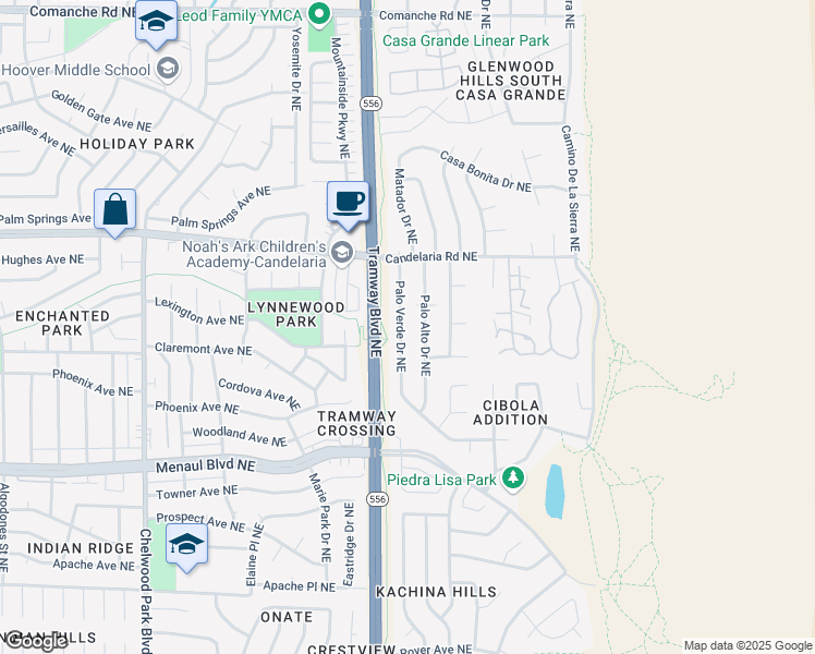 map of restaurants, bars, coffee shops, grocery stores, and more near 2825 Palo Alto Drive Northeast in Albuquerque