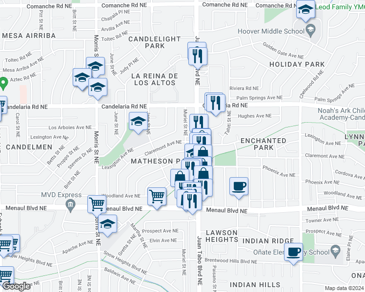 map of restaurants, bars, coffee shops, grocery stores, and more near 2705 Juan Tabo Boulevard Northeast in Albuquerque
