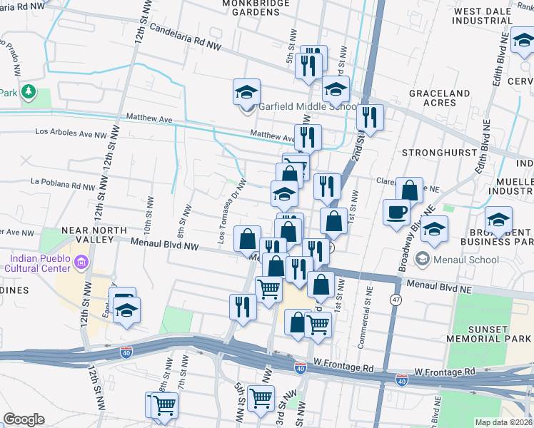 map of restaurants, bars, coffee shops, grocery stores, and more near 410 Phoenix Avenue Northwest in Albuquerque