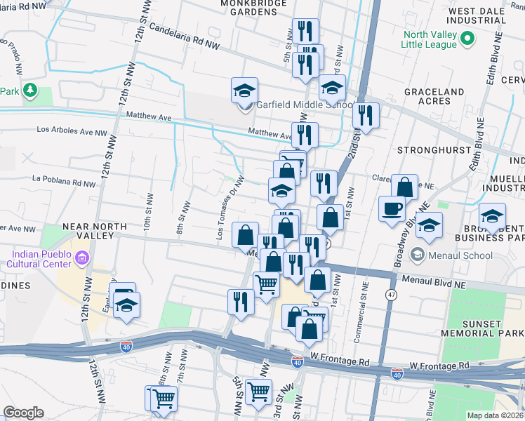map of restaurants, bars, coffee shops, grocery stores, and more near 410 Phoenix Avenue Northwest in Albuquerque