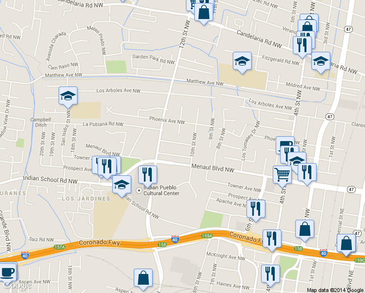 map of restaurants, bars, coffee shops, grocery stores, and more near 1030 La Poblana Road Northwest in Albuquerque