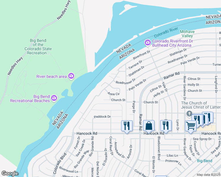 map of restaurants, bars, coffee shops, grocery stores, and more near 364 Anna Circle in Bullhead City
