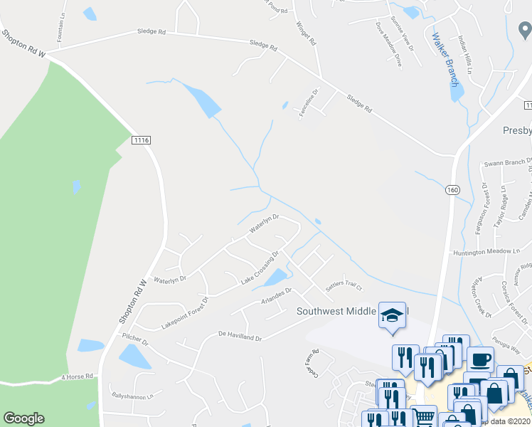 map of restaurants, bars, coffee shops, grocery stores, and more near 14204 Waterlyn Dr in Charlotte