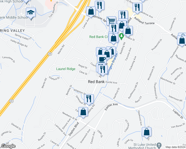 map of restaurants, bars, coffee shops, grocery stores, and more near 3507 Dayton Boulevard in Chattanooga