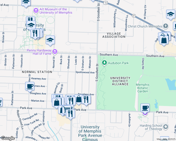 map of restaurants, bars, coffee shops, grocery stores, and more near 655 Watson Street in Memphis