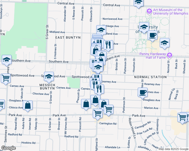 map of restaurants, bars, coffee shops, grocery stores, and more near 663 South Highland Street in Memphis