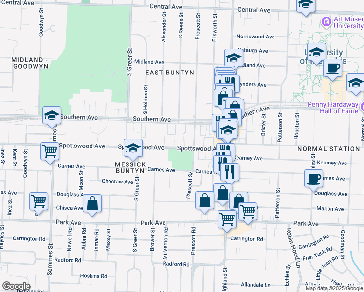 map of restaurants, bars, coffee shops, grocery stores, and more near 3354 Spottswood Avenue in Memphis