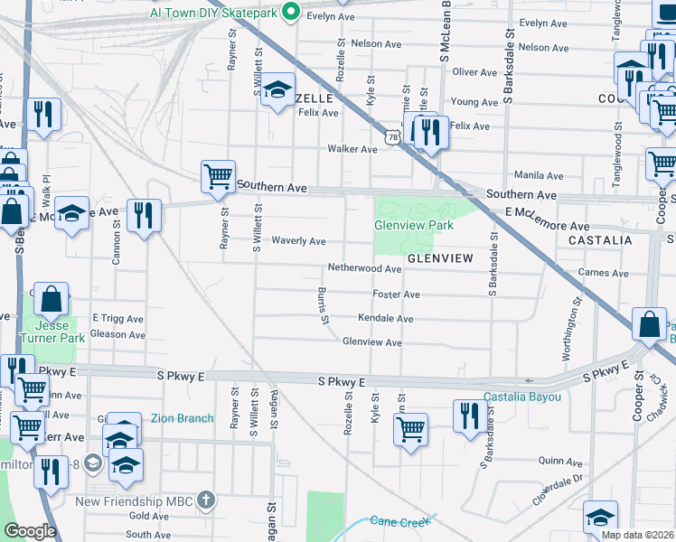 map of restaurants, bars, coffee shops, grocery stores, and more near in Memphis