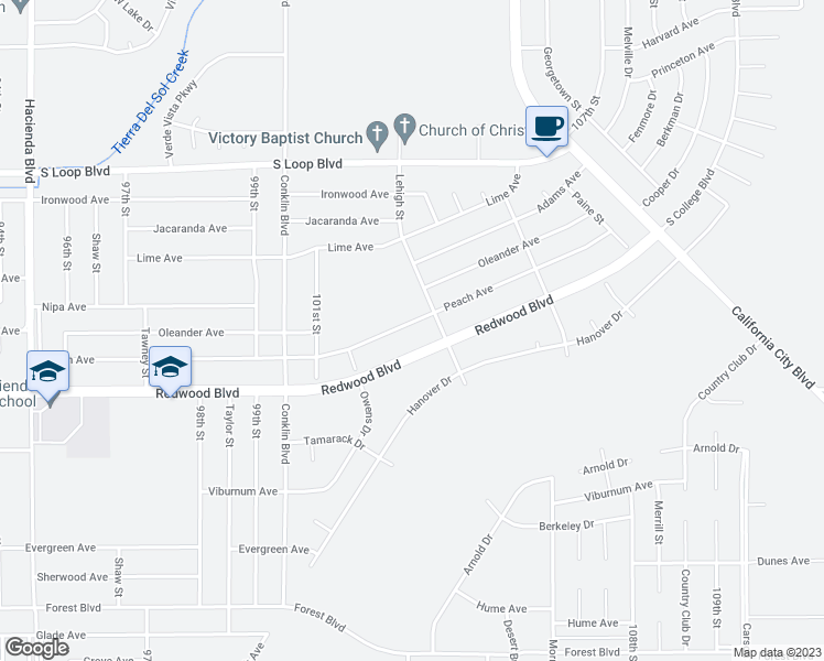 map of restaurants, bars, coffee shops, grocery stores, and more near 10300 Peach Avenue in California City