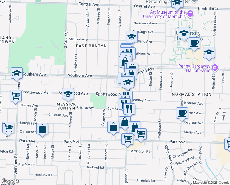 map of restaurants, bars, coffee shops, grocery stores, and more near 3445 Pruett Court in Memphis