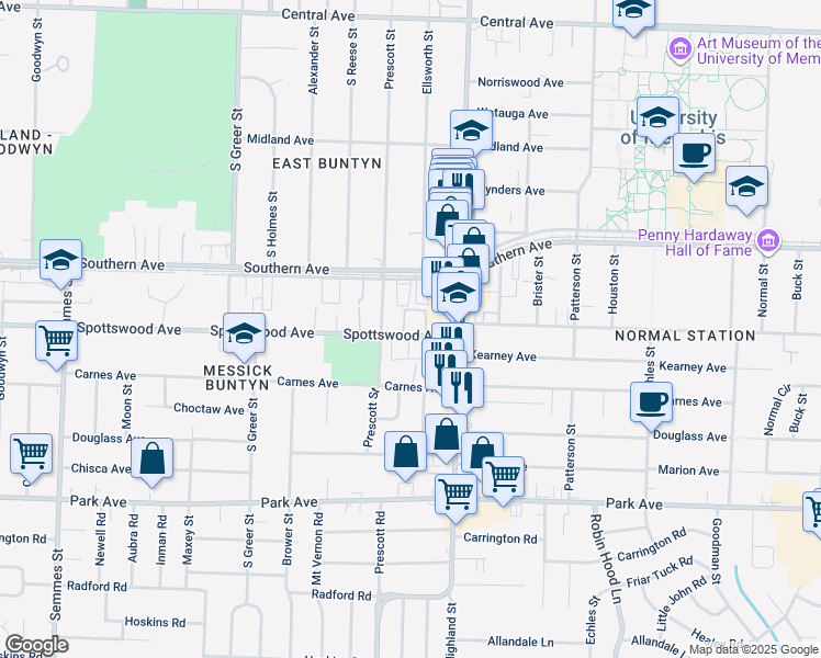 map of restaurants, bars, coffee shops, grocery stores, and more near 3436 Spottswood Avenue in Memphis