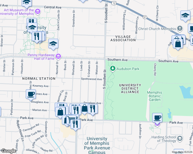 map of restaurants, bars, coffee shops, grocery stores, and more near 657 Watson Street in Memphis