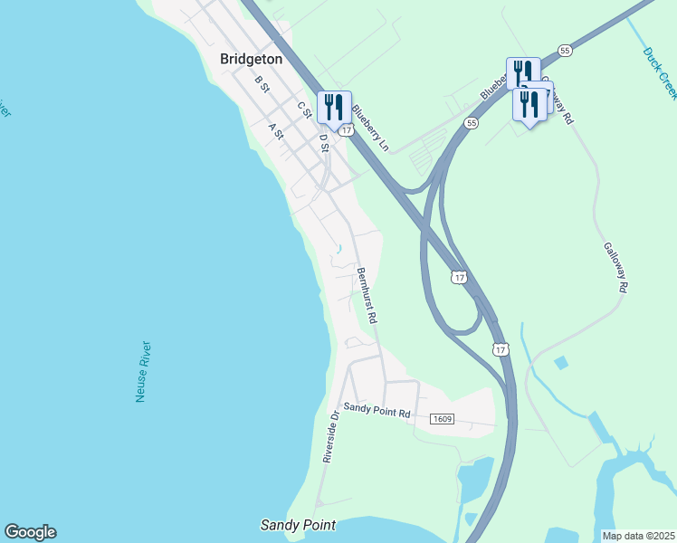 map of restaurants, bars, coffee shops, grocery stores, and more near 117 Bernhurst Road in New Bern