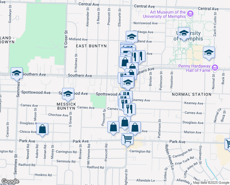 map of restaurants, bars, coffee shops, grocery stores, and more near 3438 Spottswood Avenue in Memphis
