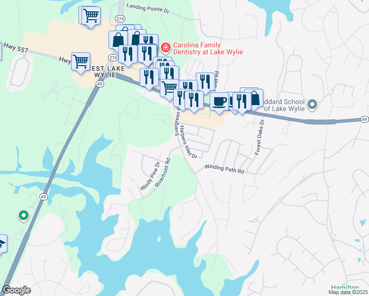 map of restaurants, bars, coffee shops, grocery stores, and more near 1460 Harpers Inlet Drive in Clover