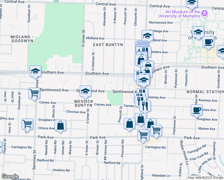 map of restaurants, bars, coffee shops, grocery stores, and more near 3354 Spottswood Avenue in Memphis