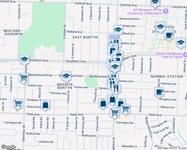 map of restaurants, bars, coffee shops, grocery stores, and more near 3380 Spottswood Avenue in Memphis