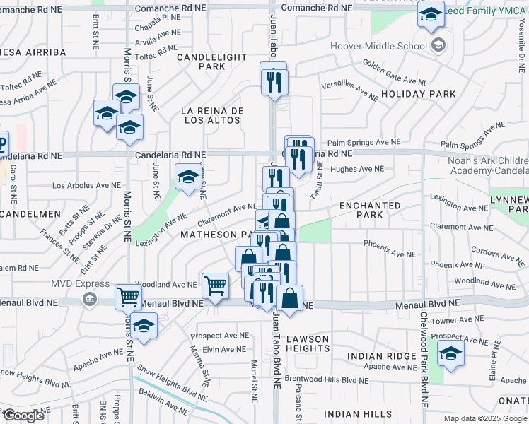 map of restaurants, bars, coffee shops, grocery stores, and more near 2705 Juan Tabo Boulevard Northeast in Albuquerque