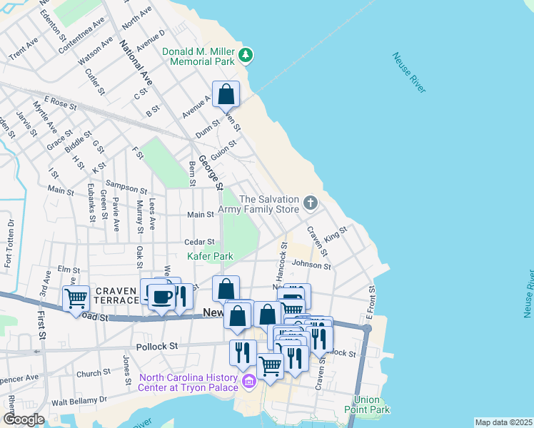 map of restaurants, bars, coffee shops, grocery stores, and more near 839 Pasteur Street in New Bern