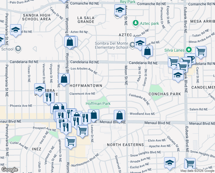 map of restaurants, bars, coffee shops, grocery stores, and more near 8903 Claremont Avenue Northeast in Albuquerque