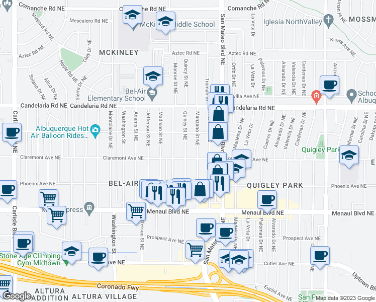 map of restaurants, bars, coffee shops, grocery stores, and more near 2814 Quincy Street Northeast in Albuquerque