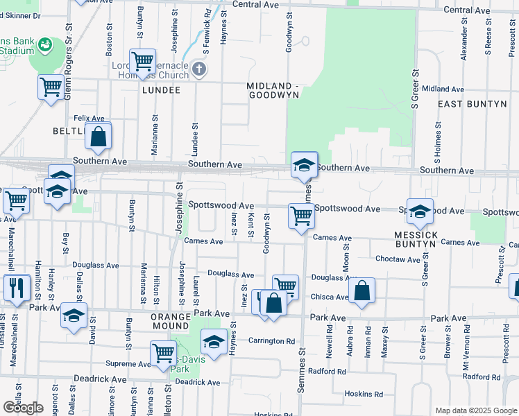 map of restaurants, bars, coffee shops, grocery stores, and more near 2953 Spottswood Avenue in Memphis