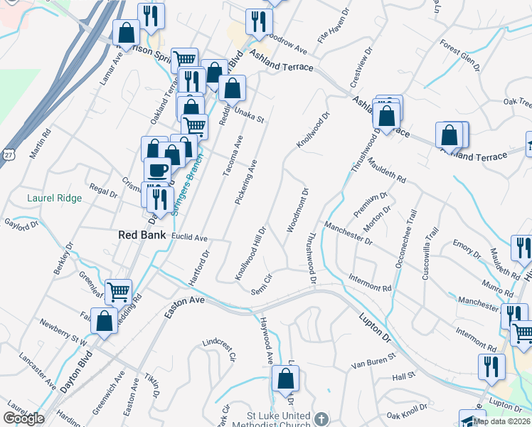 map of restaurants, bars, coffee shops, grocery stores, and more near 3707 Knollwood Drive in Chattanooga