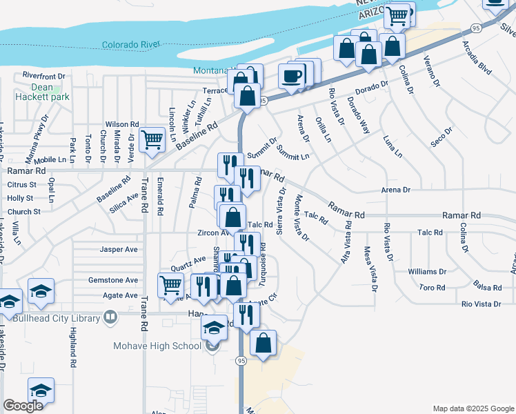 map of restaurants, bars, coffee shops, grocery stores, and more near 1565 Turquoise Road in Bullhead City