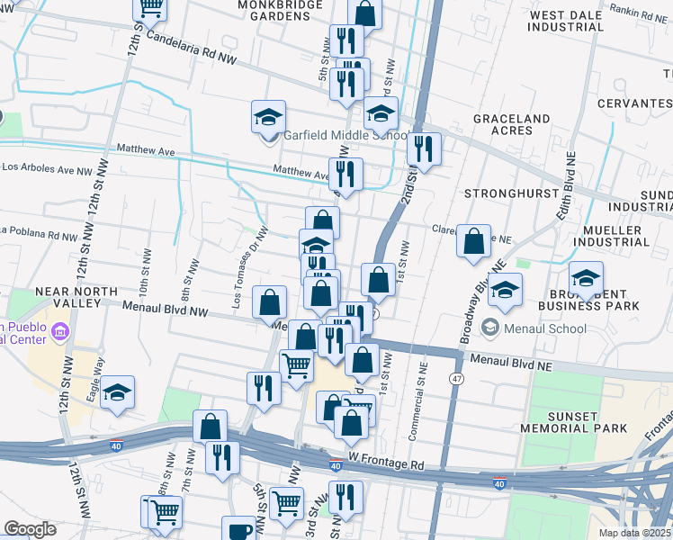 map of restaurants, bars, coffee shops, grocery stores, and more near 304 Phoenix Avenue Northwest in Albuquerque