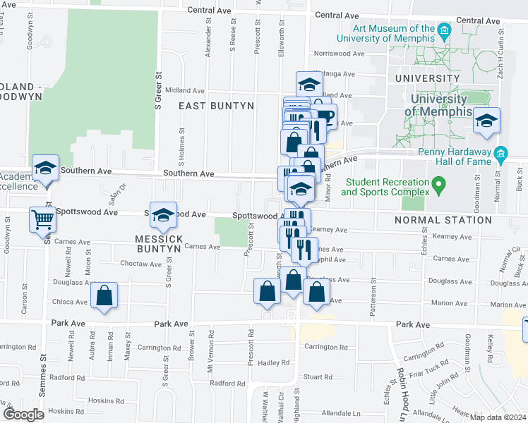 map of restaurants, bars, coffee shops, grocery stores, and more near 677 Miles Drive in Memphis